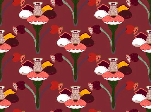 Seamless floral pattern with stylized decorative flowers and leaves in folk a Stock Illustration