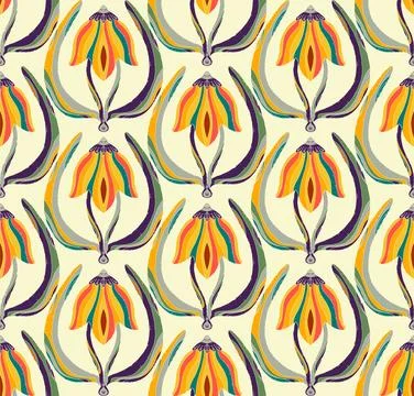 Seamless floral pattern with stylized decorative flowers and leaves in folk a Stock-Illustration