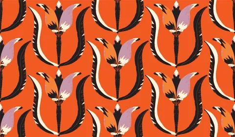 Seamless floral pattern with stylized decorative flowers and leaves in folk a Stock Illustration