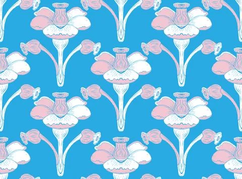 Seamless floral pattern with stylized decorative flowers and leaves in folk a Stock Illustration
