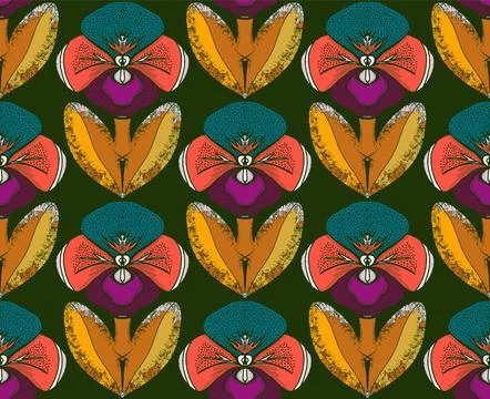 Seamless floral pattern with stylized decorative flowers and leaves in folk a Stock Illustration
