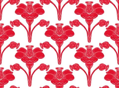 Seamless floral pattern with stylized decorative flowers and leaves in folk a Stock Illustration