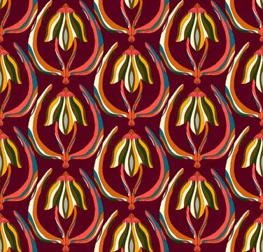 Seamless floral pattern with stylized decorative flowers and leaves in folk a Illustrazione stock
