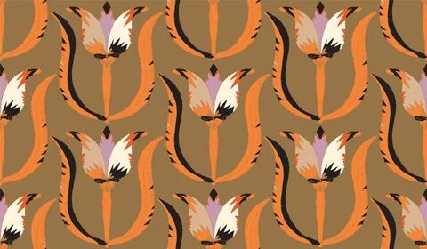 Seamless floral pattern with stylized decorative flowers and leaves in folk a Stock Illustration