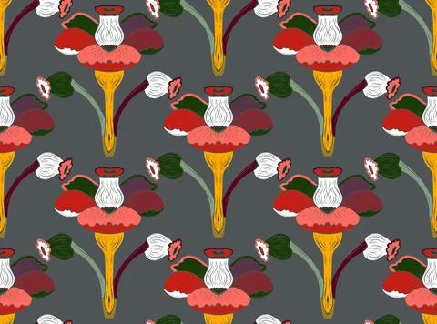 Seamless floral pattern with stylized decorative flowers and leaves in folk a Stock Illustration