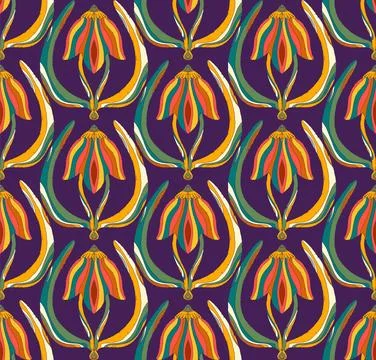 Seamless floral pattern with stylized decorative flowers and leaves in folk a Stock Illustration