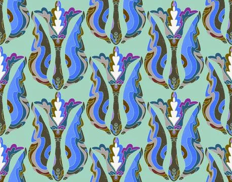 Seamless floral pattern with stylized decorative flowers and leaves in folk a Stock Illustration
