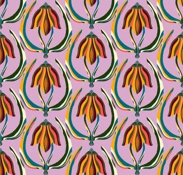 Seamless floral pattern with stylized decorative flowers and leaves in folk a Stock Illustration