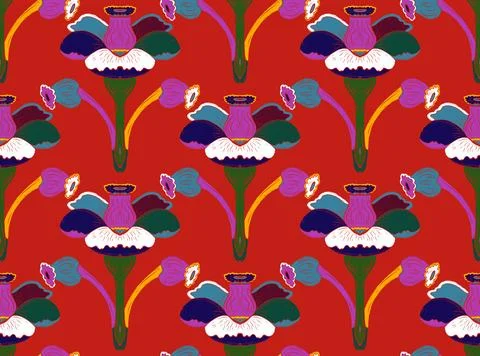 Seamless floral pattern with stylized decorative flowers and leaves in folk a Stock Illustration