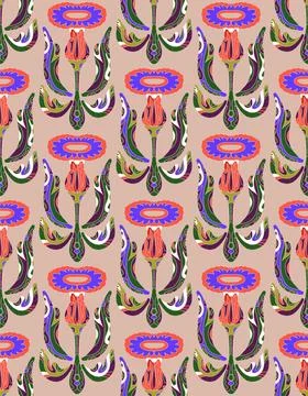 Seamless floral pattern with stylized decorative flowers and leaves in folk a Stock Illustration
