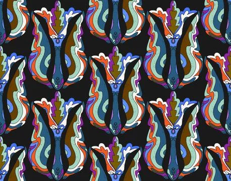 Seamless floral pattern with stylized decorative flowers and leaves in folk a Stock Illustration