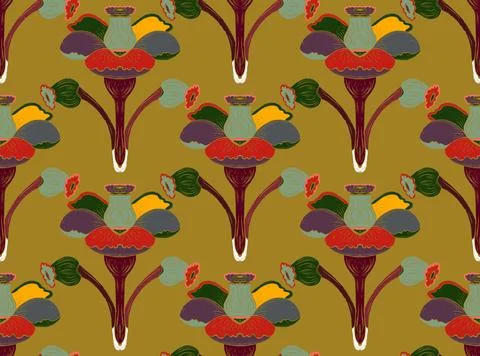 Seamless floral pattern with stylized decorative flowers and leaves in folk a Stock Illustration