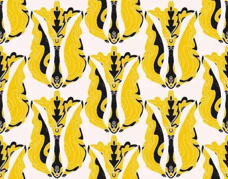Seamless floral pattern with stylized decorative flowers and leaves in folk a Stock Illustration