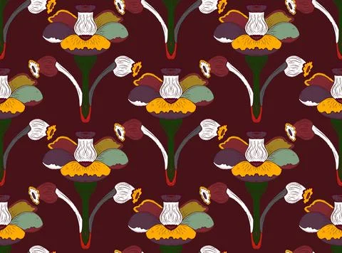 Seamless floral pattern with stylized decorative flowers and leaves in folk a Stock Illustration