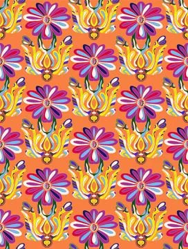 Seamless floral pattern with stylized decorative flowers and leaves in folk a Stock Illustration