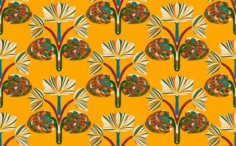 Seamless floral pattern with stylized decorative flowers and leaves in folk a Illustrazione stock
