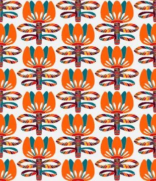 Seamless floral pattern with stylized decorative flowers and leaves in folk a Stock Illustration
