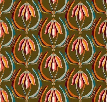 Seamless floral pattern with stylized decorative flowers and leaves in folk a Stock Illustration