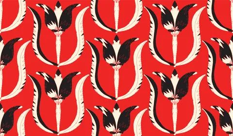 Seamless floral pattern with stylized decorative flowers and leaves in folk a Stock Illustration