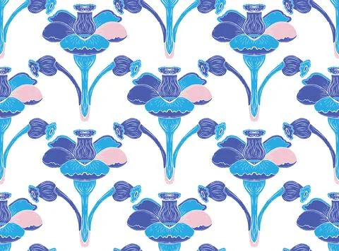 Seamless floral pattern with stylized decorative flowers and leaves in folk a Stock Illustration