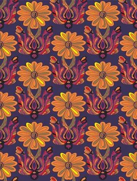 Seamless floral pattern with stylized decorative flowers and leaves in folk a Illustrazione stock