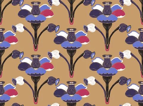 Seamless floral pattern with stylized decorative flowers and leaves in folk a Stock Illustration