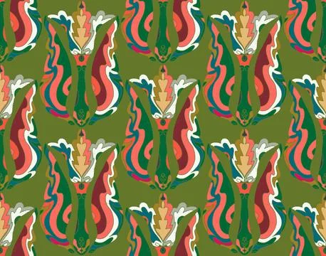 Seamless floral pattern with stylized decorative flowers and leaves in folk a Stock Illustration