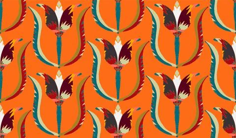 Seamless floral pattern with stylized decorative flowers and leaves in folk a Stock Illustration