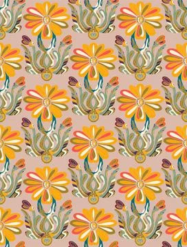 Seamless floral pattern with stylized decorative flowers and leaves in folk a Stock Illustration