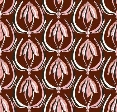 Seamless floral pattern with stylized decorative flowers and leaves in folk a Stock Illustration