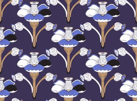 Seamless floral pattern with stylized decorative flowers and leaves in folk a Illustrazione stock