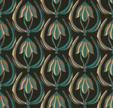 Seamless floral pattern with stylized decorative flowers and leaves in folk a Stock Illustration