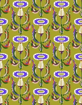 Seamless floral pattern with stylized decorative flowers and leaves in folk a Stock Illustration