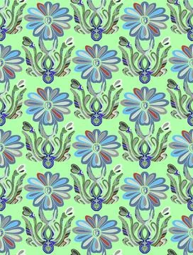 Seamless floral pattern with stylized decorative flowers and leaves in folk a Stock Illustration