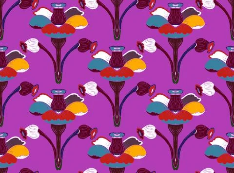 Seamless floral pattern with stylized decorative flowers and leaves in folk a Stock Illustration