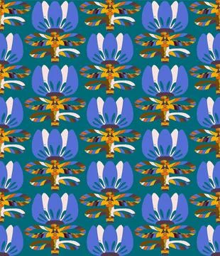 Seamless floral pattern with stylized decorative flowers and leaves in folk a Stock Illustration
