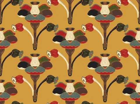 Seamless floral pattern with stylized decorative flowers and leaves in folk a Stock Illustration