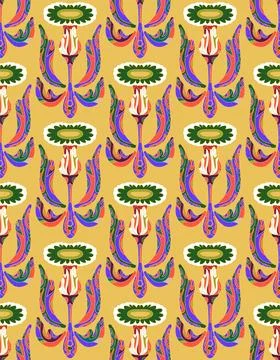 Seamless floral pattern with stylized decorative flowers and leaves in folk a Stock Illustration