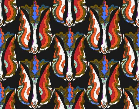 Seamless floral pattern with stylized decorative flowers and leaves in folk a Stock Illustration