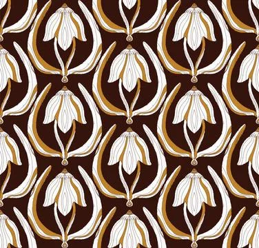 Seamless floral pattern with stylized decorative flowers and leaves in folk a Stock Illustration
