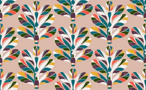 Seamless floral pattern with stylized decorative leaves in folk art style. Vi Stock Illustration
