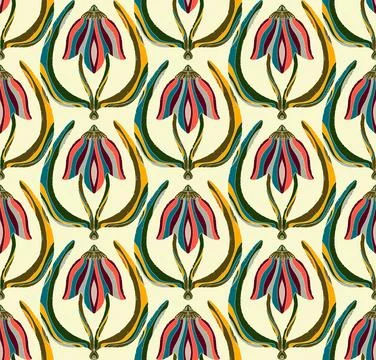 Seamless floral pattern with stylized decorative flowers and leaves in folk a Stock Illustration
