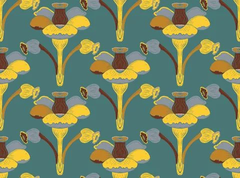 Seamless floral pattern with stylized decorative flowers and leaves in folk a Stock Illustration
