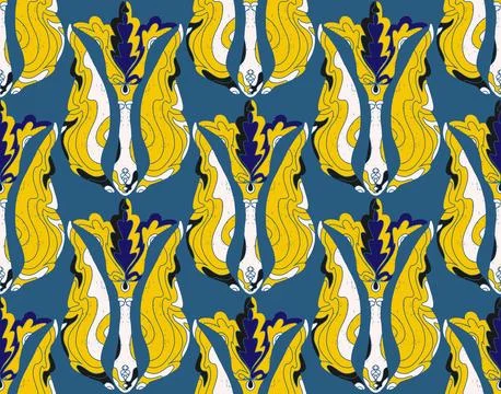 Seamless floral pattern with stylized decorative flowers and leaves in folk a Stock Illustration