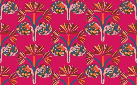 Seamless floral pattern with stylized decorative flowers and leaves in folk a Stock Illustration