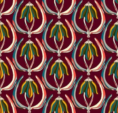 Seamless floral pattern with stylized decorative flowers and leaves in folk a Stock Illustration