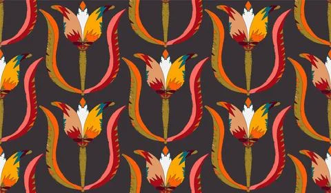 Seamless floral pattern with stylized decorative flowers and leaves in folk a Stock Illustration