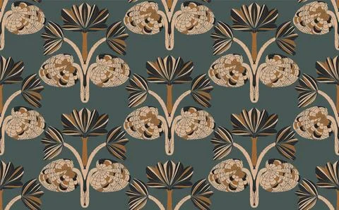 Seamless floral pattern with stylized decorative flowers and leaves in folk a Stock Illustration