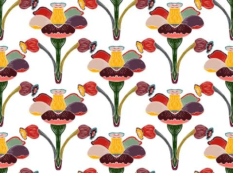 Seamless floral pattern with stylized decorative flowers and leaves in folk a Stock Illustration