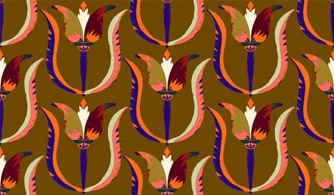 Seamless floral pattern with stylized decorative flowers and leaves in folk a Stock Illustration